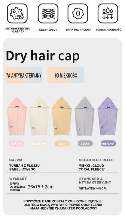 Chusta do suszenia włosów z piankowej welny dla kobiet, grubsza, z szerokim zastosowaniem, do owijania włosów, szybkoschnąca, do użytku domowego, chłonna, bez suszenia suszarki, czapka kąpielowa